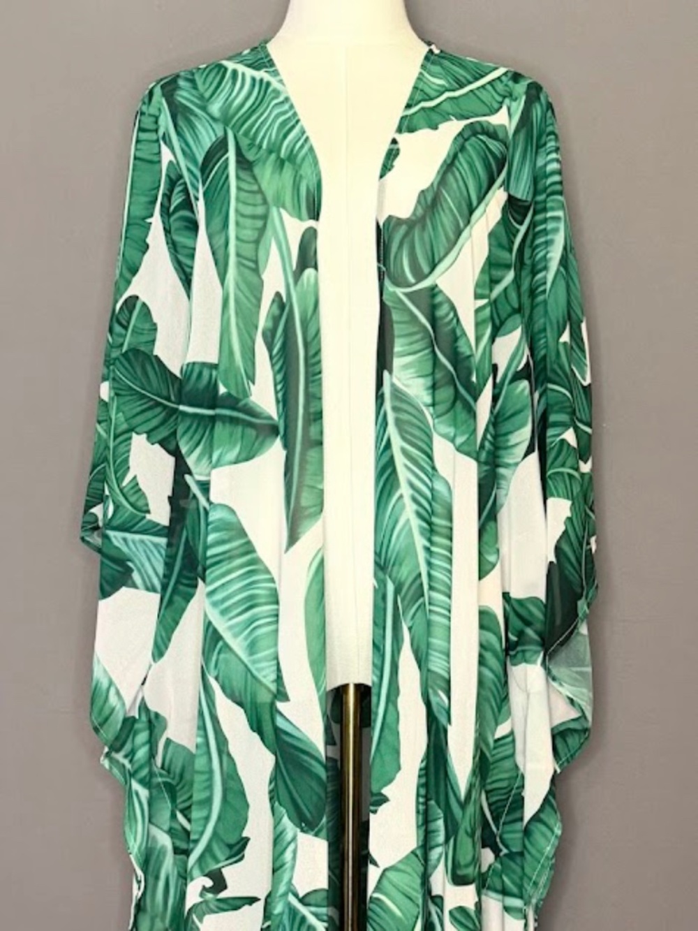 Tropical Palm Leaf Kimono Cover Up Medium Green White Long Duster